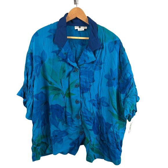 Solitaire Tops - VTG Solitaire Womens Blue Green Floral Button Down Shirt Rayon Short Sleeve 22W